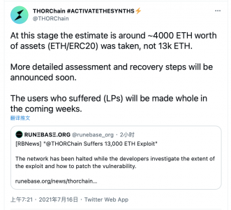 THORChain称遭受攻击损失4000枚ETH，非此前公布的1.4万枚